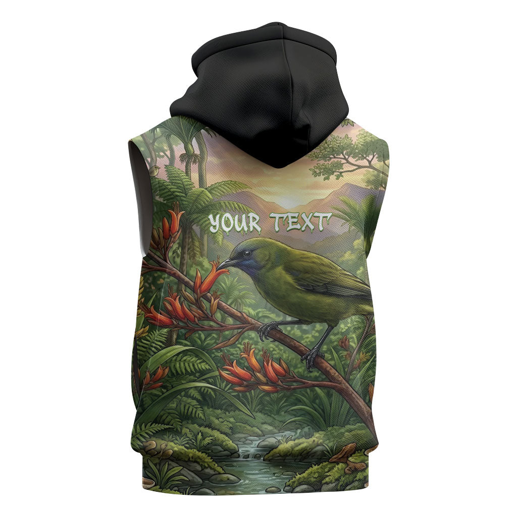 Bellbird New Zealand Personalised Sleeveless Hoodie Korimako Harakeke Flower Native Forest LT22 - Polynesian Pride