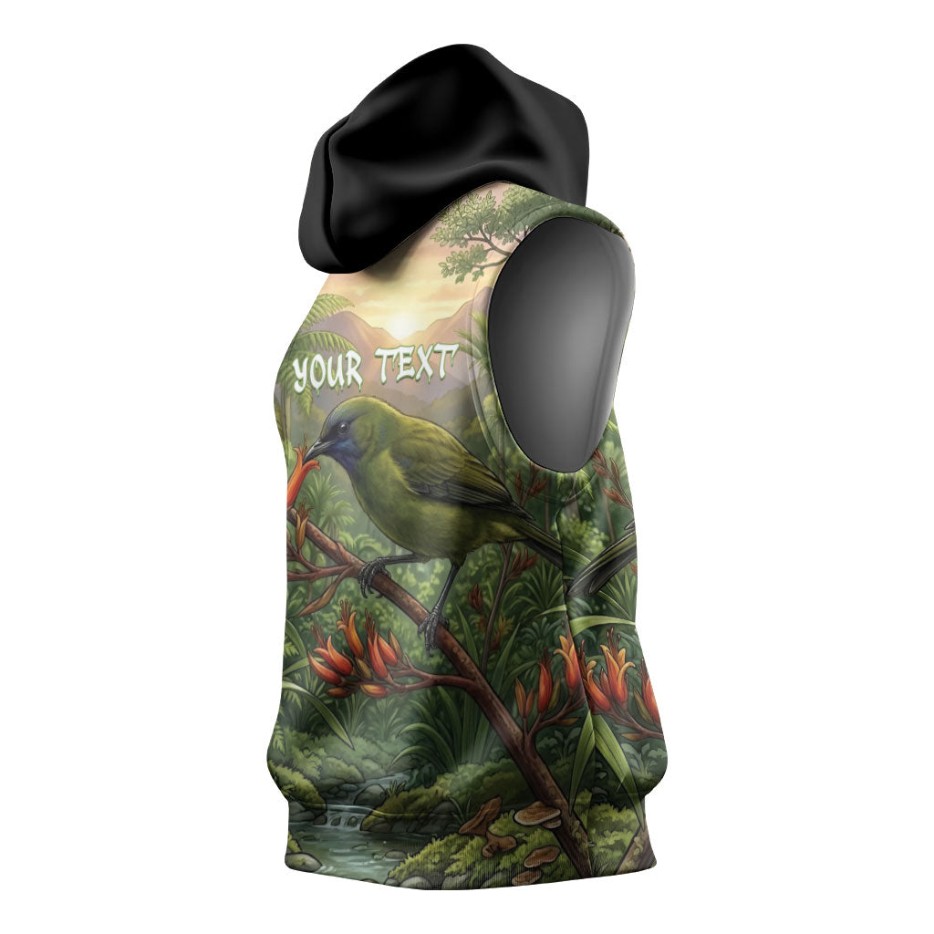 Bellbird New Zealand Personalised Sleeveless Hoodie Korimako Harakeke Flower Native Forest LT22 - Polynesian Pride