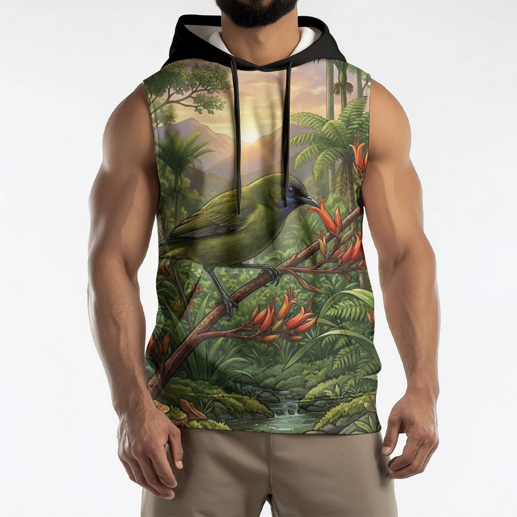 Bellbird New Zealand Personalised Sleeveless Hoodie Korimako Harakeke Flower Native Forest LT22 - Polynesian Pride