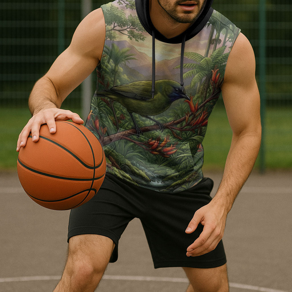 Bellbird New Zealand Personalised Sleeveless Hoodie Korimako Harakeke Flower Native Forest LT22 - Polynesian Pride