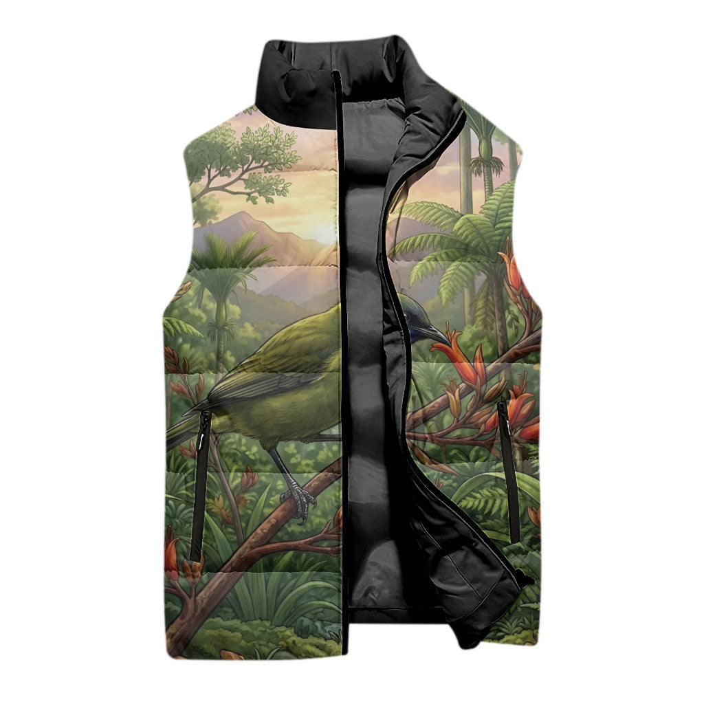 Bellbird New Zealand Personalised Sleeveless Puffer Jacket Korimako Harakeke Flower Native Forest
