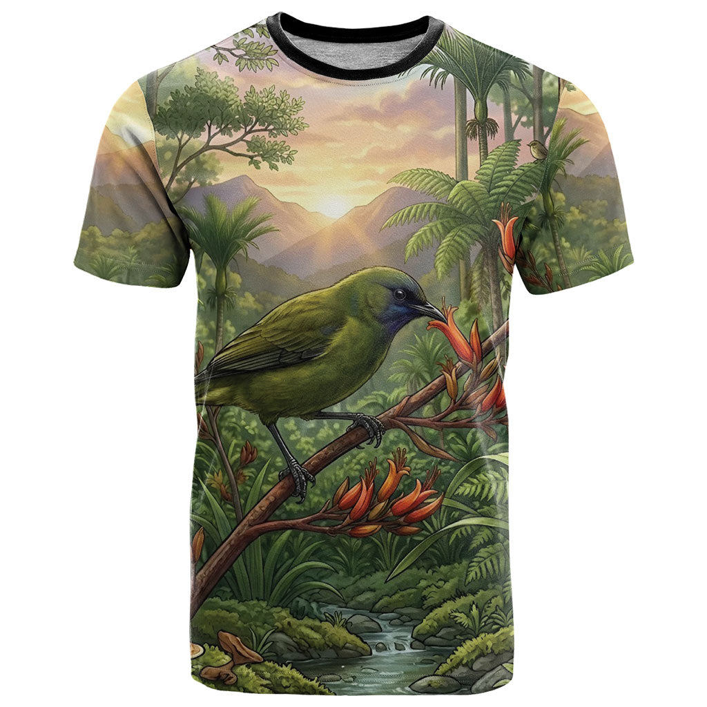 Bellbird New Zealand Personalised T Shirt Korimako Harakeke Flower Native Forest