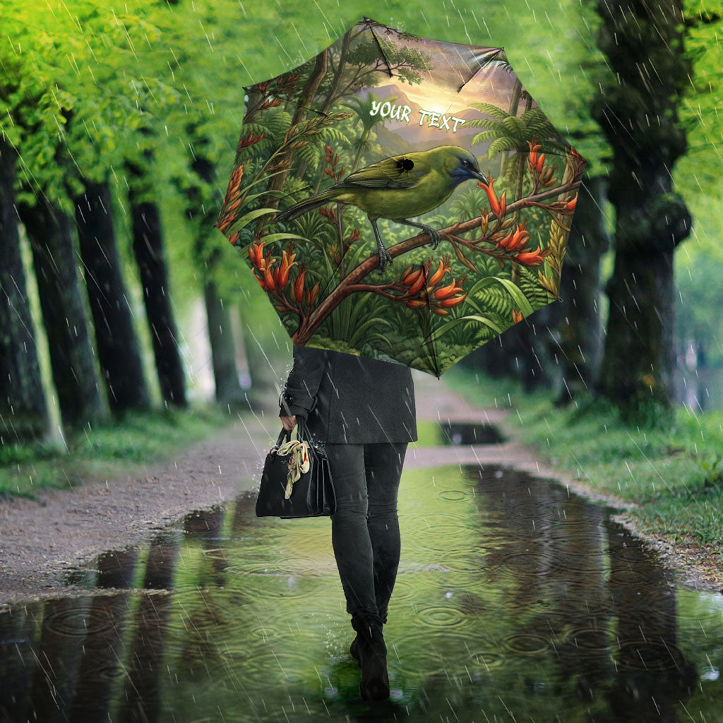 Bellbird New Zealand Personalised Umbrella Korimako Harakeke Flower Native Forest