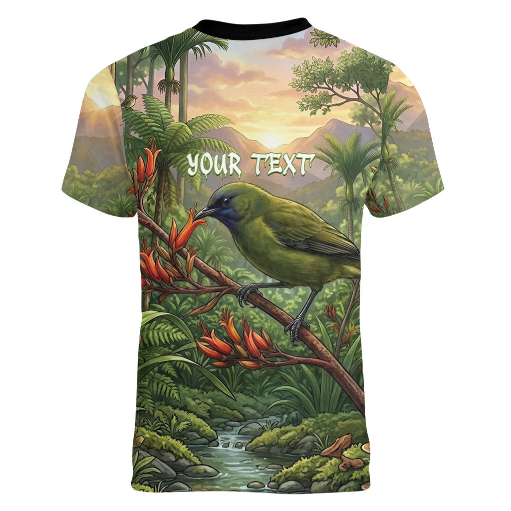 Bellbird New Zealand Personalised Women V-Neck T-Shirt Korimako Harakeke Flower Native Forest