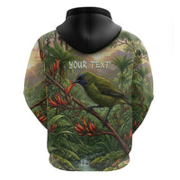 Bellbird New Zealand Personalised Zip Hoodie Korimako Harakeke Flower Native Forest