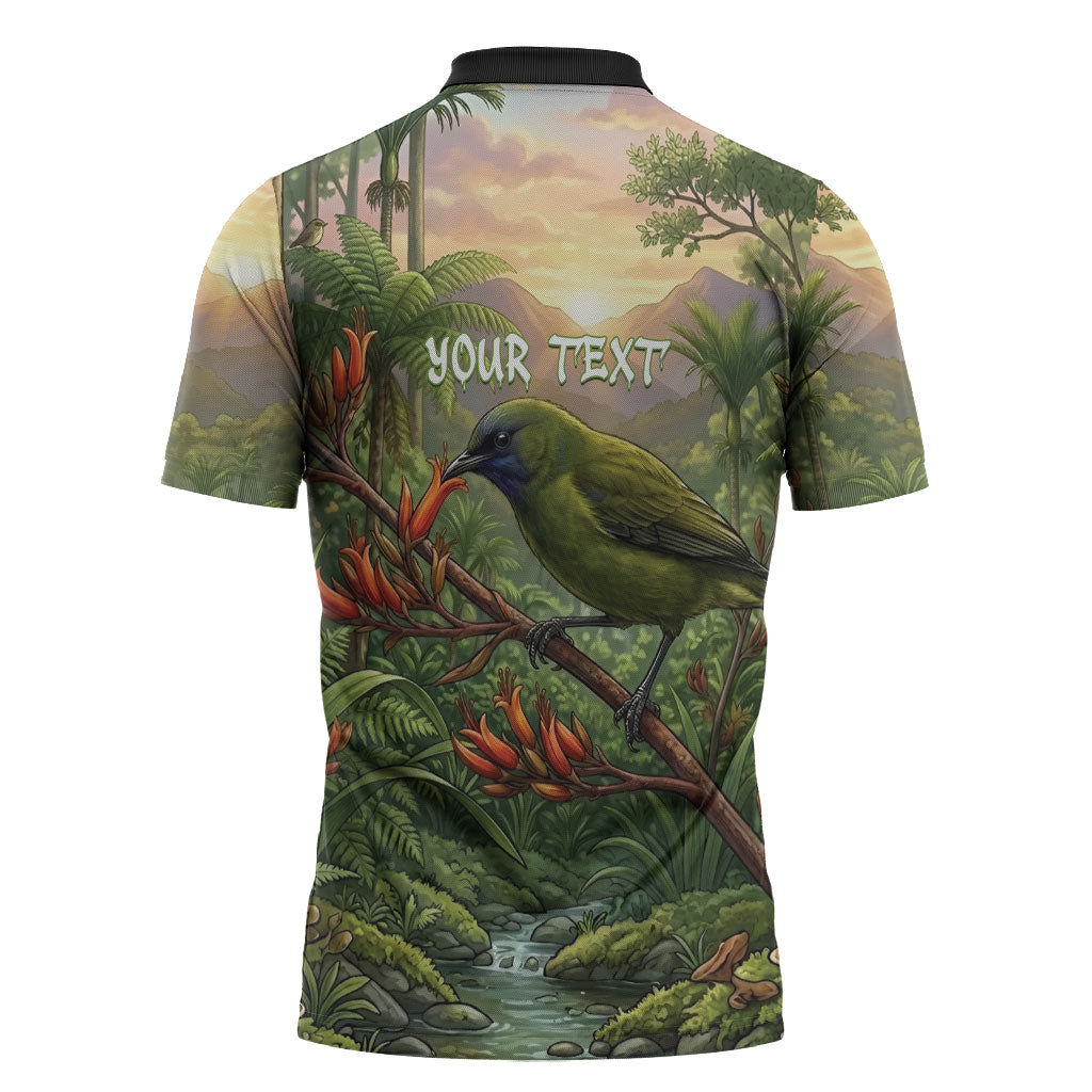 Bellbird New Zealand Personalised Zipper Polo Shirt Korimako Harakeke Flower Native Forest