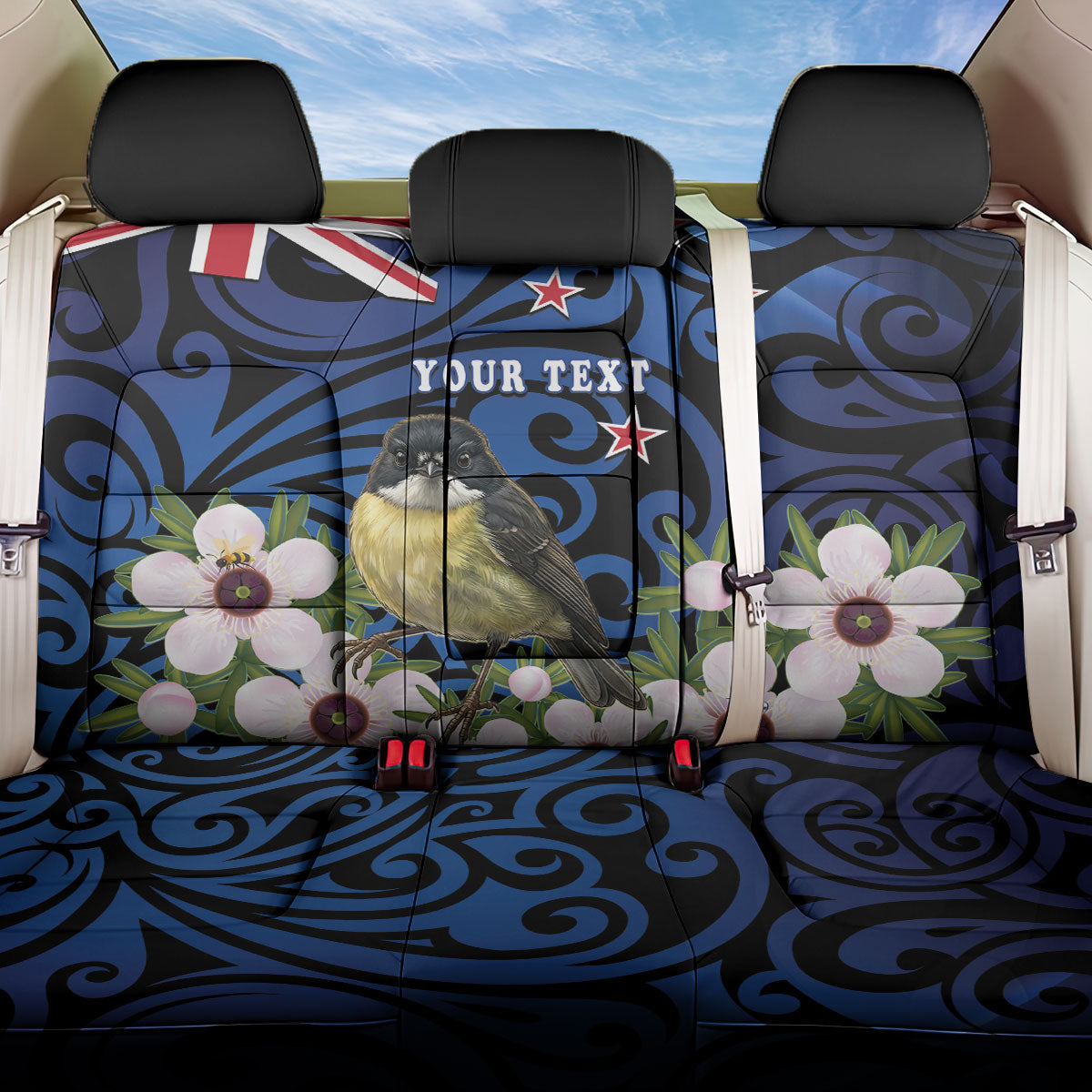 Tomtit New Zealand Personalised Back Car Seat Cover Miromiro Manuka Flower Maori Pattern