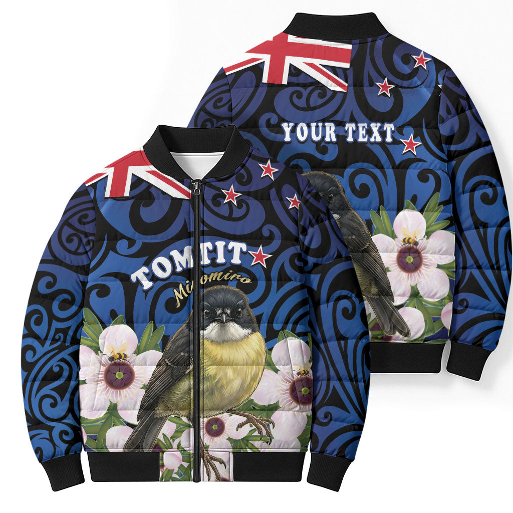 Tomtit New Zealand Personalised Bomber Puffer Jacket Miromiro Manuka Flower Maori Pattern