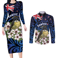Tomtit New Zealand Personalised Couples Matching Long Sleeve Bodycon Dress and Long Sleeve Button Shirt Miromiro Manuka Flower Maori Pattern