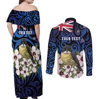 Tomtit New Zealand Personalised Couples Matching Off Shoulder Maxi Dress and Long Sleeve Button Shirt Miromiro Manuka Flower Maori Pattern