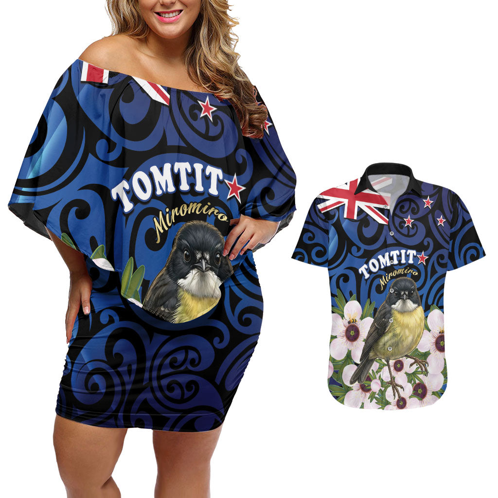 Tomtit New Zealand Personalised Couples Matching Off Shoulder Short Dress and Hawaiian Shirt Miromiro Manuka Flower Maori Pattern