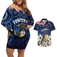Tomtit New Zealand Personalised Couples Matching Off Shoulder Short Dress and Hawaiian Shirt Miromiro Manuka Flower Maori Pattern