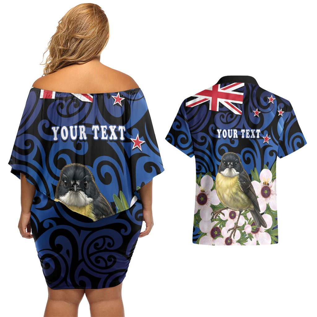 Tomtit New Zealand Personalised Couples Matching Off Shoulder Short Dress and Hawaiian Shirt Miromiro Manuka Flower Maori Pattern
