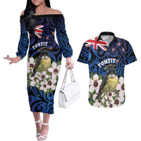 Tomtit New Zealand Personalised Couples Matching Off The Shoulder Long Sleeve Dress and Hawaiian Shirt Miromiro Manuka Flower Maori Pattern LT22 Blue - Polynesian Pride