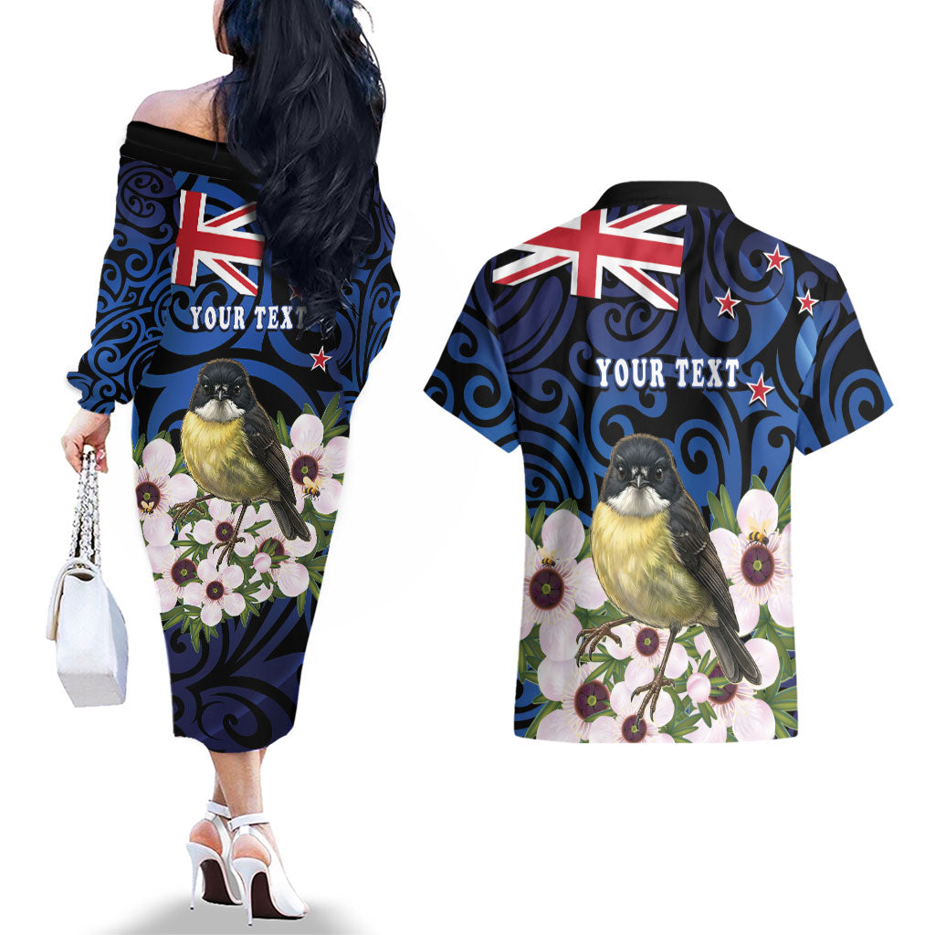 Tomtit New Zealand Personalised Couples Matching Off The Shoulder Long Sleeve Dress and Hawaiian Shirt Miromiro Manuka Flower Maori Pattern LT22 - Polynesian Pride