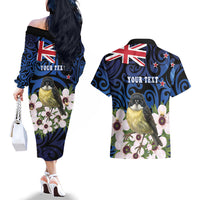 Tomtit New Zealand Personalised Couples Matching Off The Shoulder Long Sleeve Dress and Hawaiian Shirt Miromiro Manuka Flower Maori Pattern LT22 - Polynesian Pride