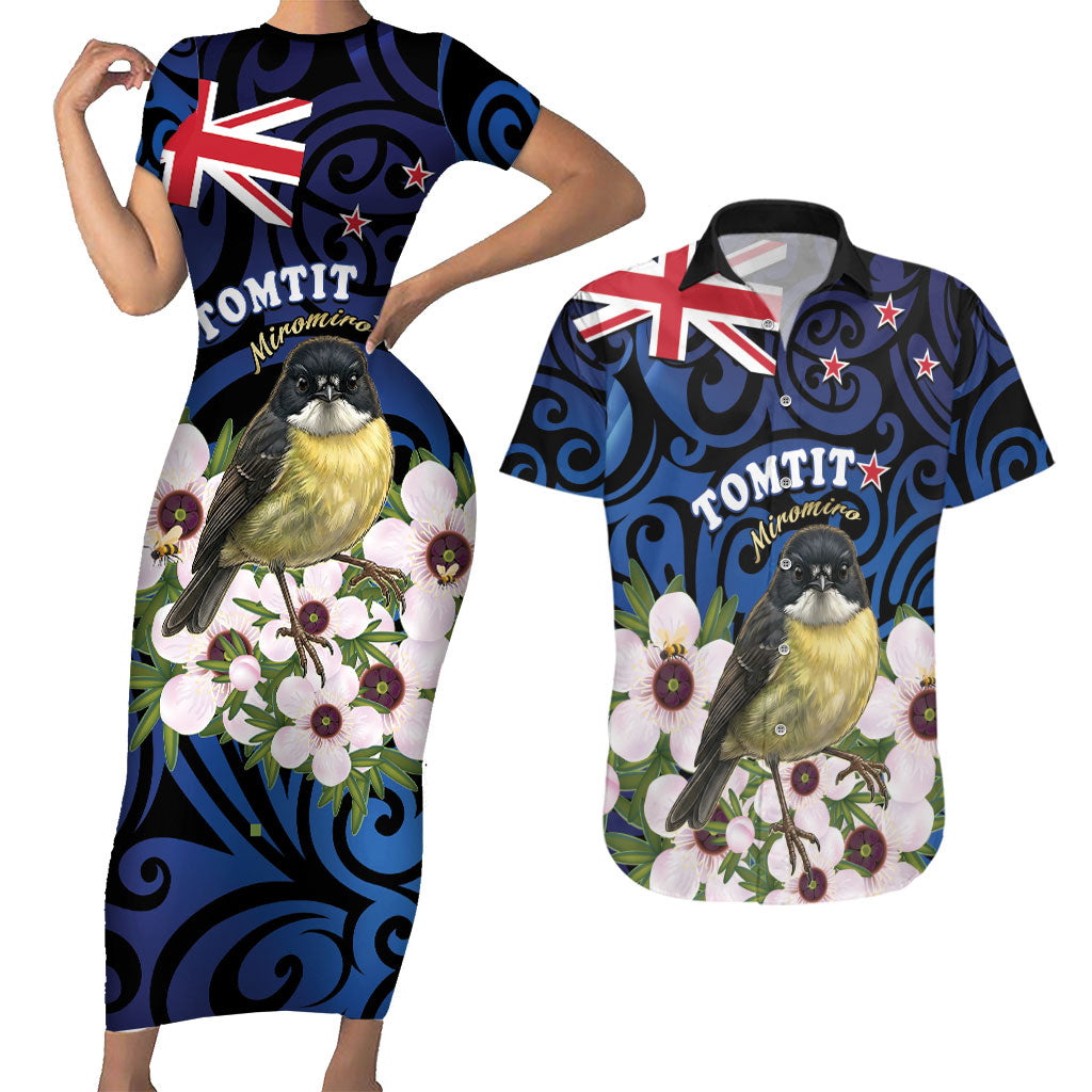 Tomtit New Zealand Personalised Couples Matching Short Sleeve Bodycon Dress and Hawaiian Shirt Miromiro Manuka Flower Maori Pattern