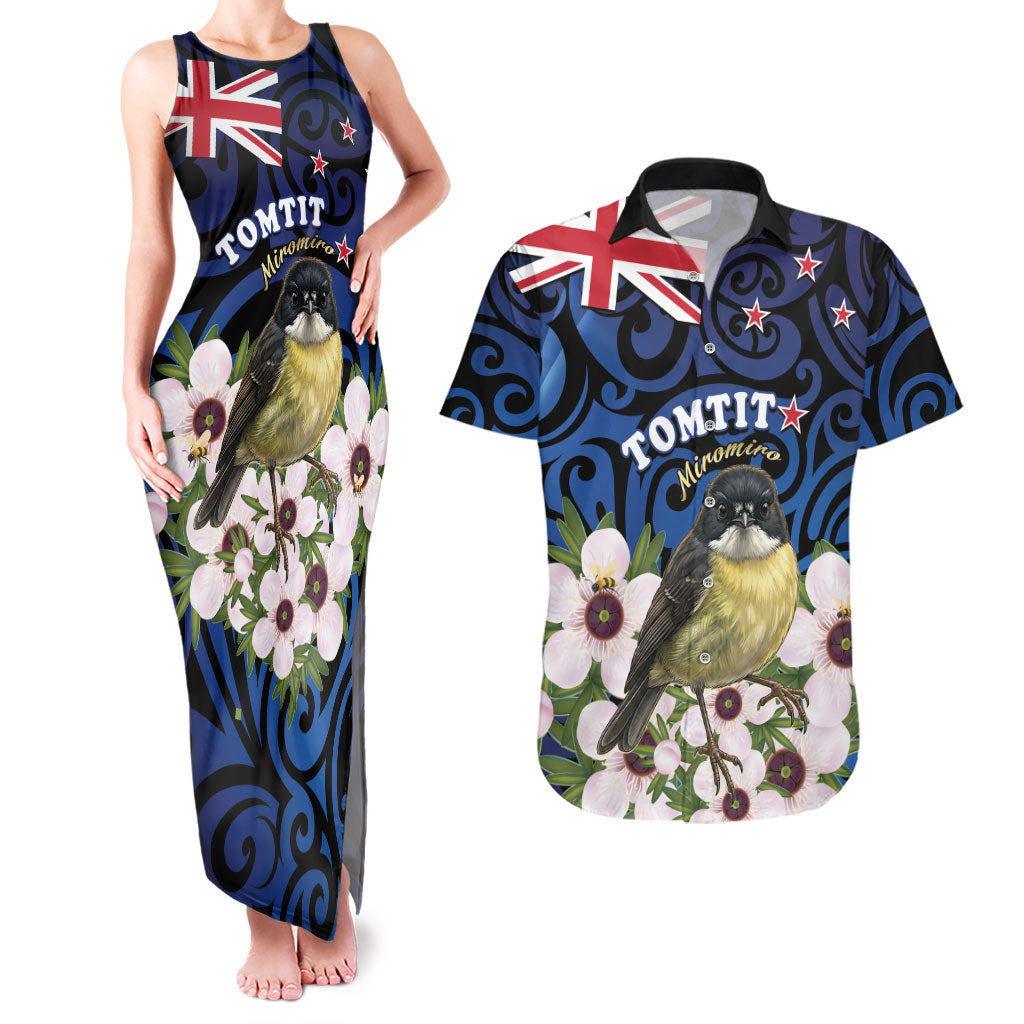 Tomtit New Zealand Personalised Couples Matching Tank Maxi Dress and Hawaiian Shirt Miromiro Manuka Flower Maori Pattern