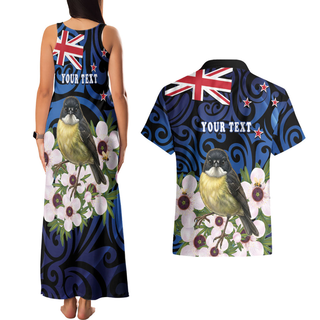 Tomtit New Zealand Personalised Couples Matching Tank Maxi Dress and Hawaiian Shirt Miromiro Manuka Flower Maori Pattern
