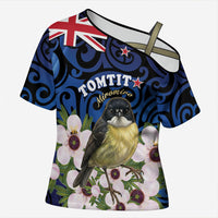 Tomtit New Zealand Personalised Cross Shoulder Shirt Miromiro Manuka Flower Maori Pattern
