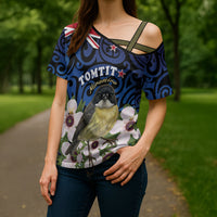 Tomtit New Zealand Personalised Cross Shoulder Shirt Miromiro Manuka Flower Maori Pattern