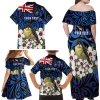 Tomtit New Zealand Personalised Family Matching Off Shoulder Maxi Dress and Hawaiian Shirt Miromiro Manuka Flower Maori Pattern