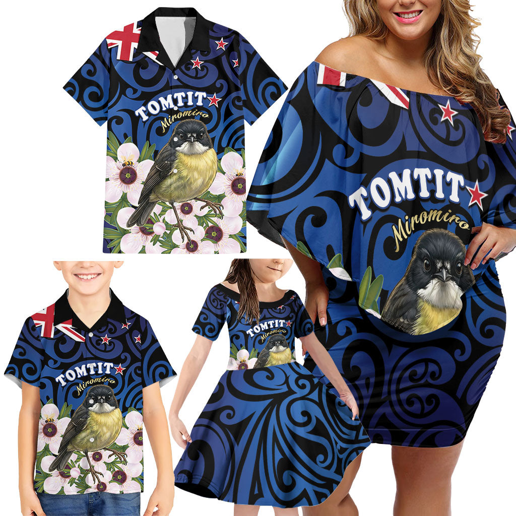 Tomtit New Zealand Personalised Family Matching Off Shoulder Short Dress and Hawaiian Shirt Miromiro Manuka Flower Maori Pattern