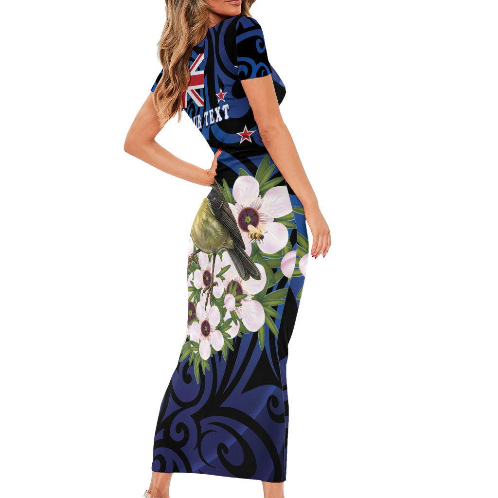 Tomtit New Zealand Personalised Family Matching Short Sleeve Bodycon Dress and Hawaiian Shirt Miromiro Manuka Flower Maori Pattern