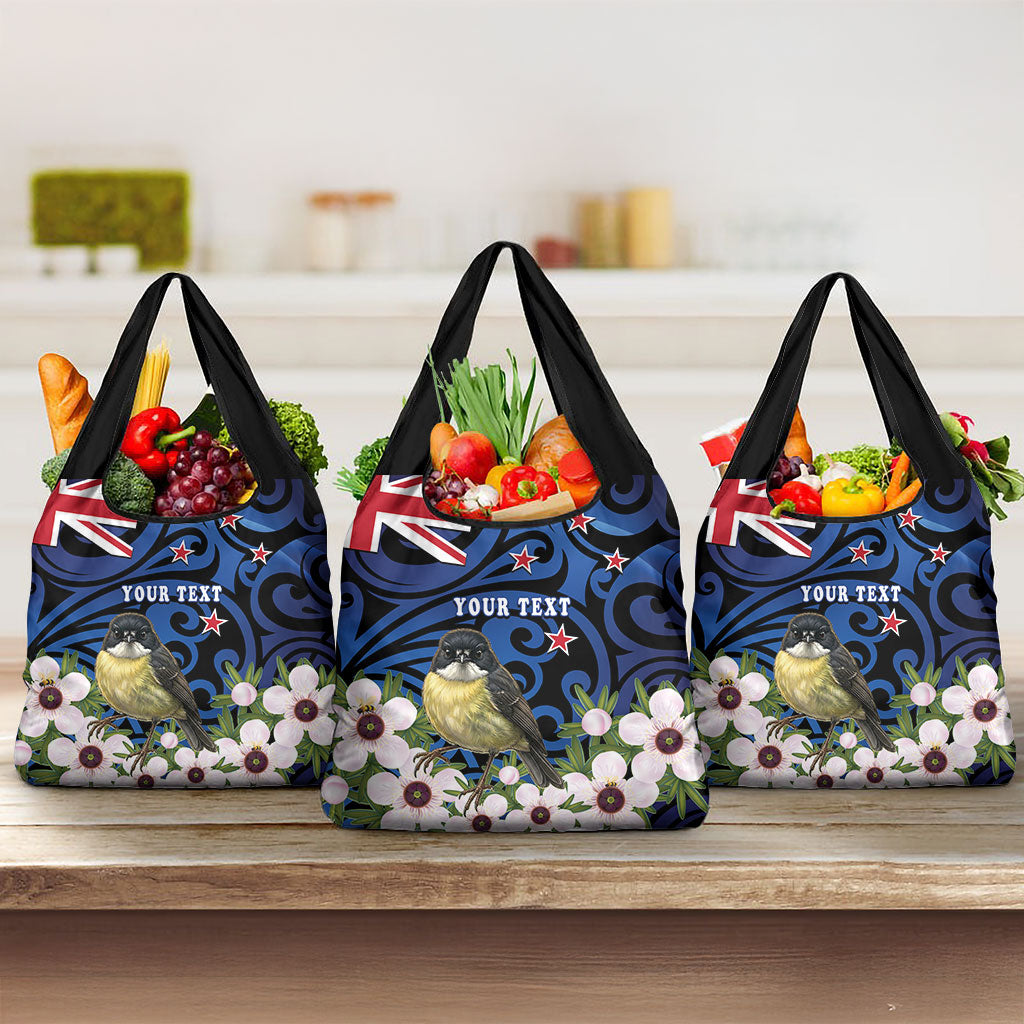 Tomtit New Zealand Personalised Grocery Bag Miromiro Manuka Flower Maori Pattern