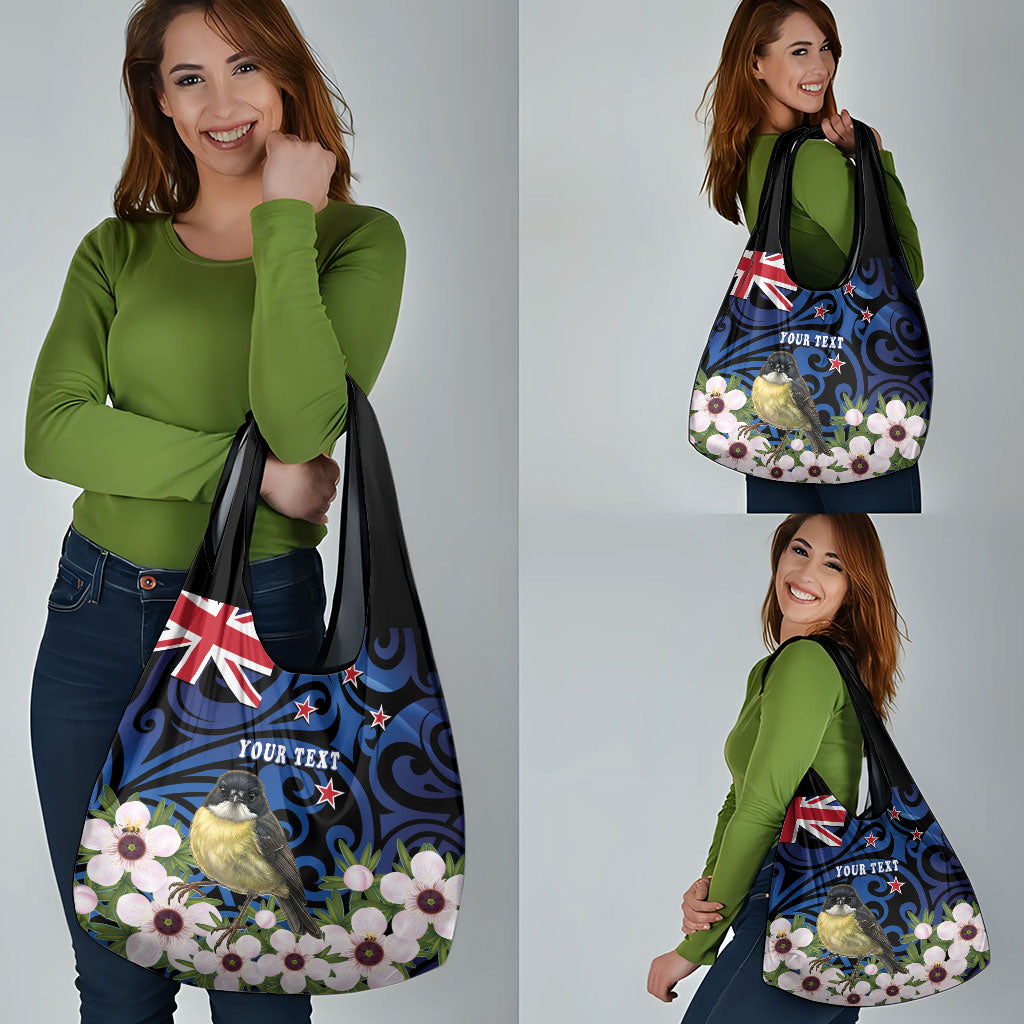 Tomtit New Zealand Personalised Grocery Bag Miromiro Manuka Flower Maori Pattern