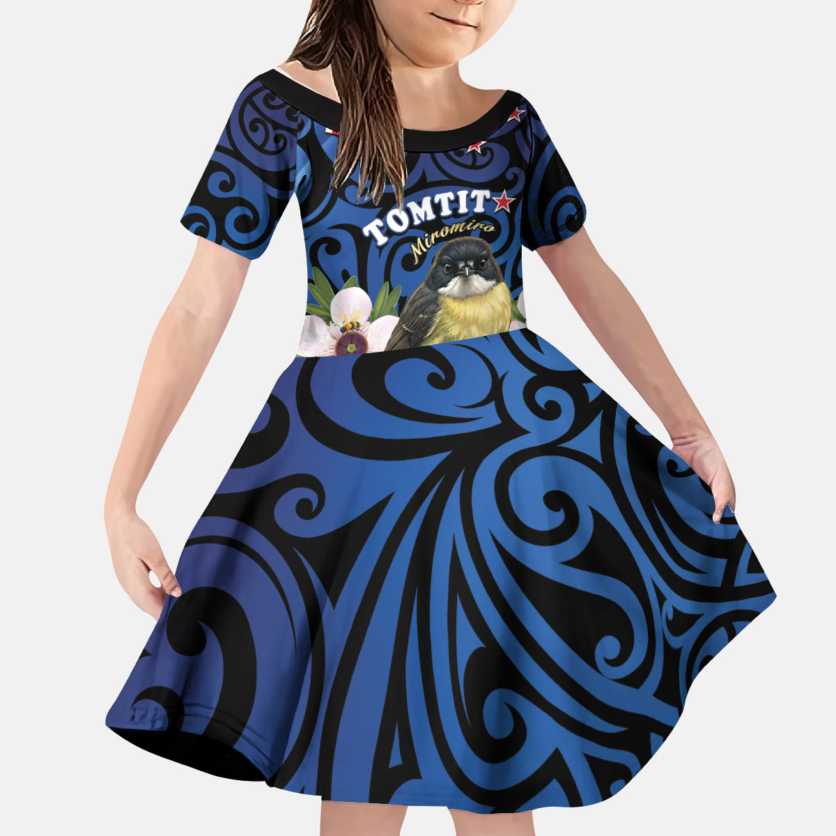 Tomtit New Zealand Personalised Kid Short Sleeve Dress Miromiro Manuka Flower Maori Pattern LT22 KID Blue - Polynesian Pride