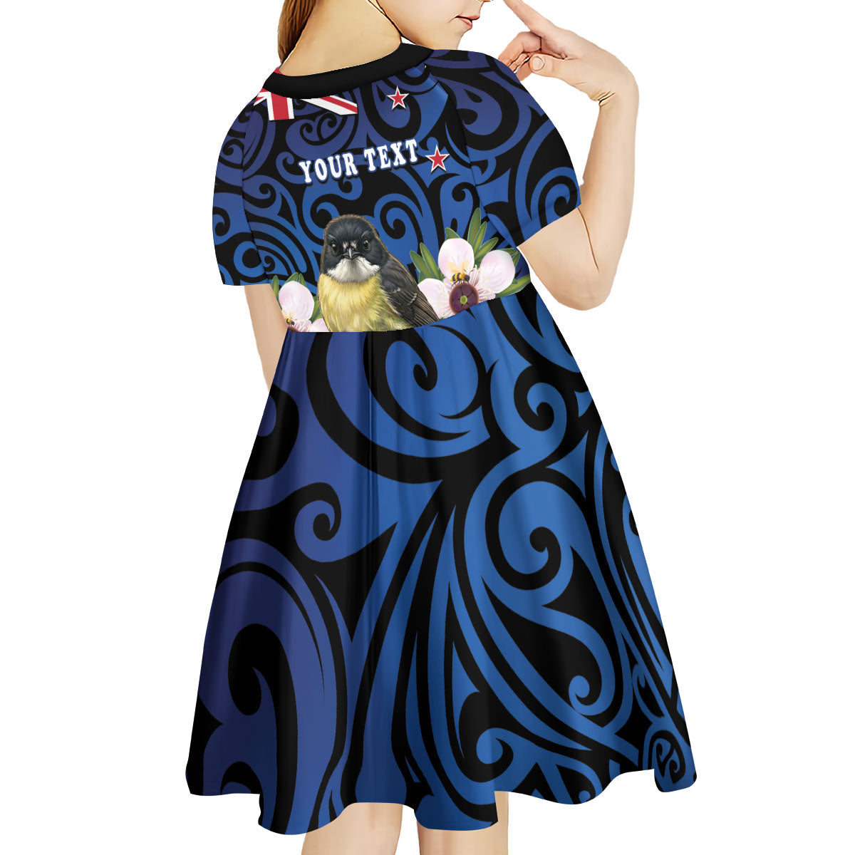 Tomtit New Zealand Personalised Kid Short Sleeve Dress Miromiro Manuka Flower Maori Pattern LT22 - Polynesian Pride