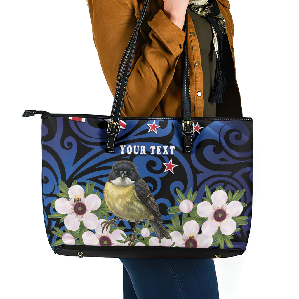 Tomtit New Zealand Personalised Leather Tote Bag Miromiro Manuka Flower Maori Pattern