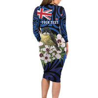 Tomtit New Zealand Personalised Long Sleeve Bodycon Dress Miromiro Manuka Flower Maori Pattern