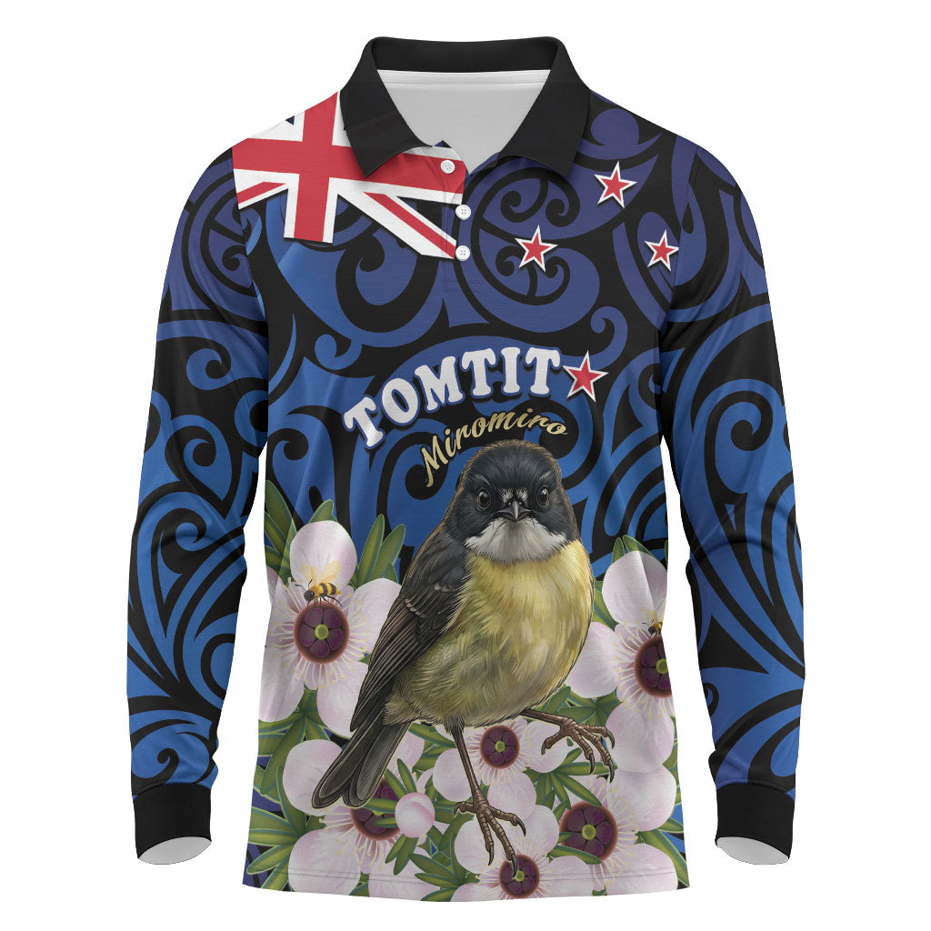 Tomtit New Zealand Personalised Long Sleeve Polo Shirt Miromiro Manuka Flower Maori Pattern LT22 Blue - Polynesian Pride