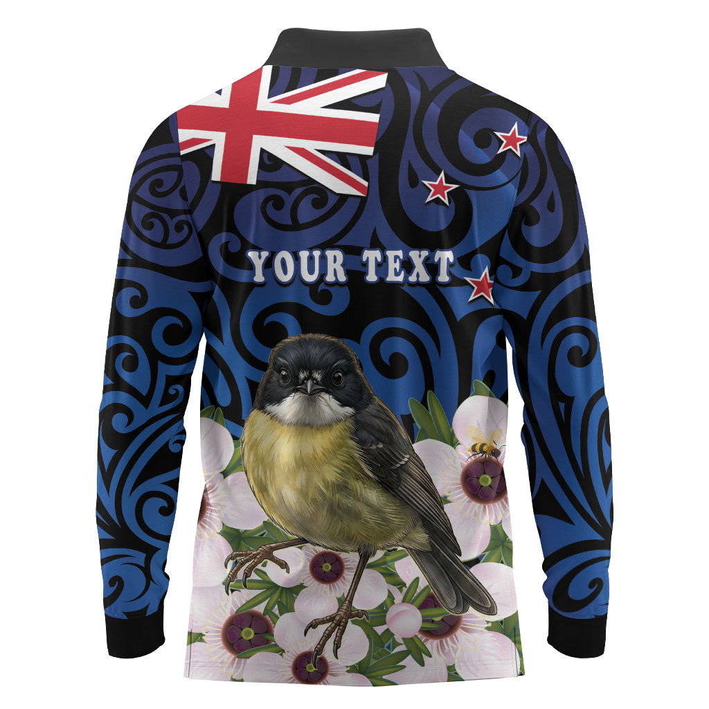 Tomtit New Zealand Personalised Long Sleeve Polo Shirt Miromiro Manuka Flower Maori Pattern LT22 - Polynesian Pride
