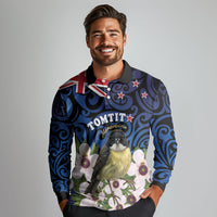 Tomtit New Zealand Personalised Long Sleeve Polo Shirt Miromiro Manuka Flower Maori Pattern LT22 - Polynesian Pride