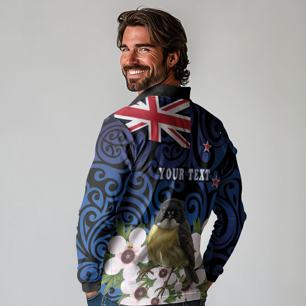 Tomtit New Zealand Personalised Long Sleeve Polo Shirt Miromiro Manuka Flower Maori Pattern LT22 - Polynesian Pride