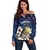Tomtit New Zealand Personalised Off Shoulder Sweater Miromiro Manuka Flower Maori Pattern LT22 Women Blue - Polynesian Pride
