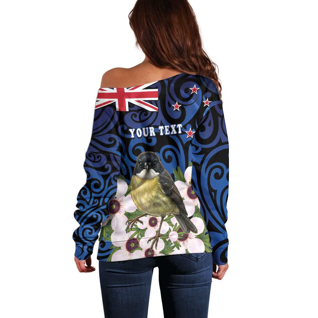 Tomtit New Zealand Personalised Off Shoulder Sweater Miromiro Manuka Flower Maori Pattern LT22 - Polynesian Pride