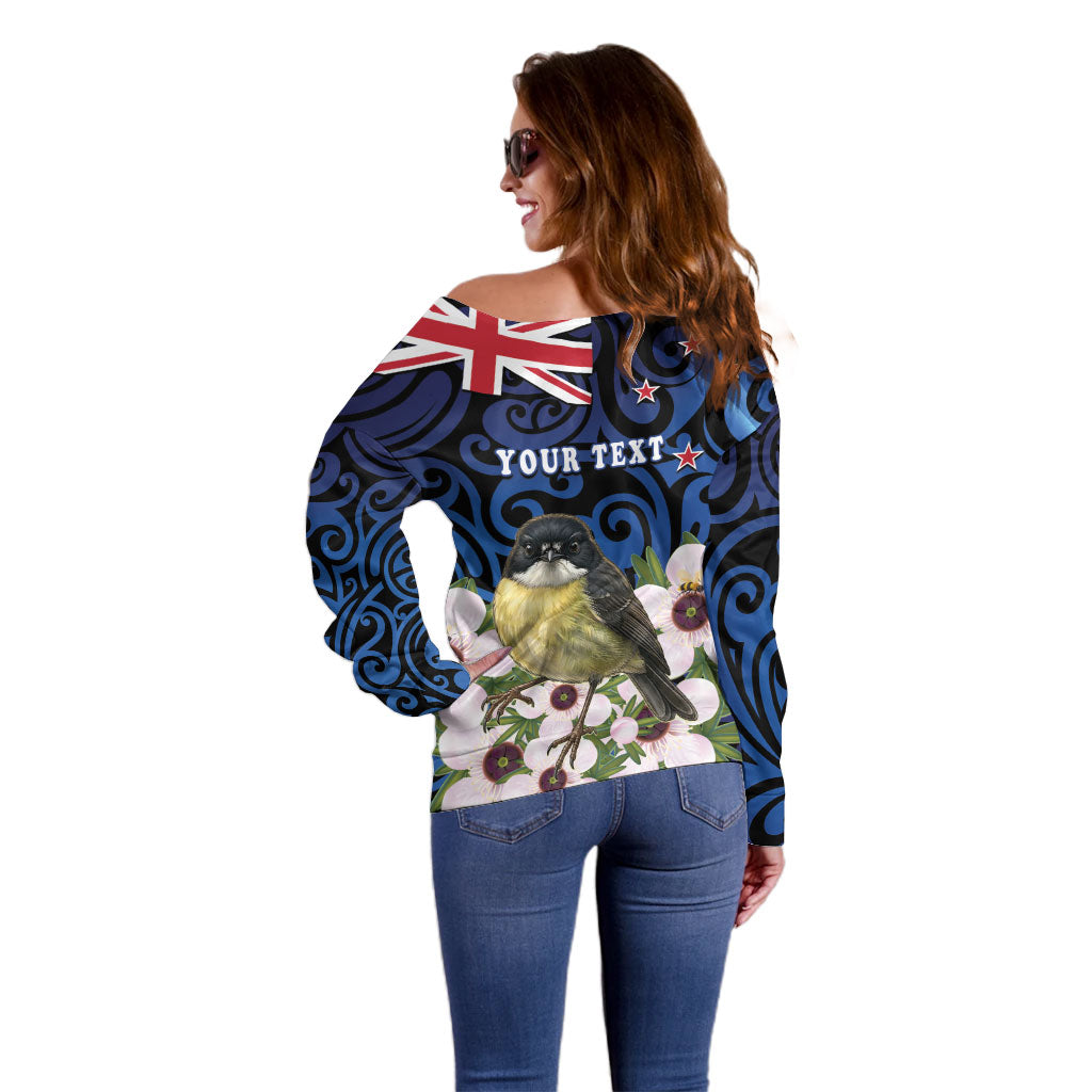 Tomtit New Zealand Personalised Off Shoulder Sweater Miromiro Manuka Flower Maori Pattern LT22 - Polynesian Pride