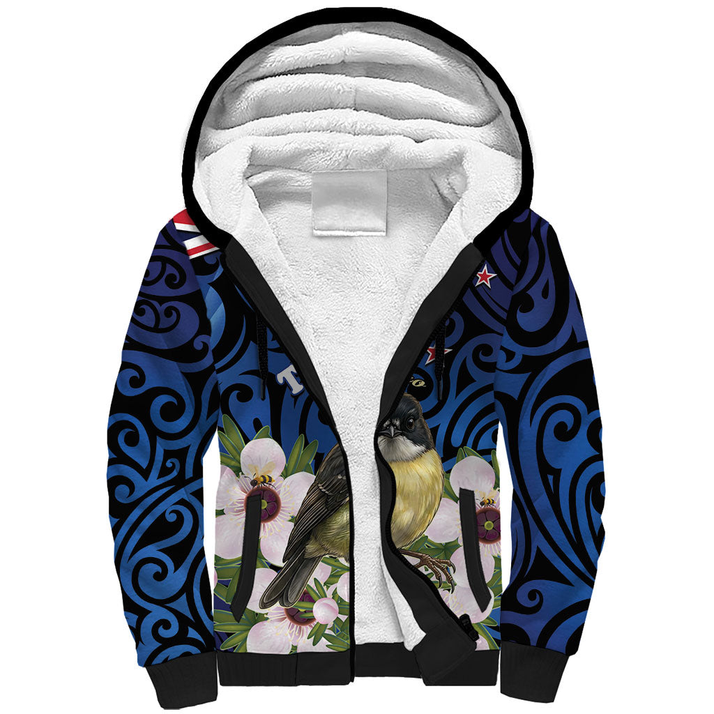 Tomtit New Zealand Personalised Sherpa Hoodie Miromiro Manuka Flower Maori Pattern LT22 Unisex Blue - Polynesian Pride