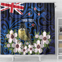 Tomtit New Zealand Personalised Shower Curtain Miromiro Manuka Flower Maori Pattern