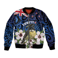 Tomtit New Zealand Personalised Sleeve Zip Bomber Jacket Miromiro Manuka Flower Maori Pattern LT22 Unisex Blue - Polynesian Pride