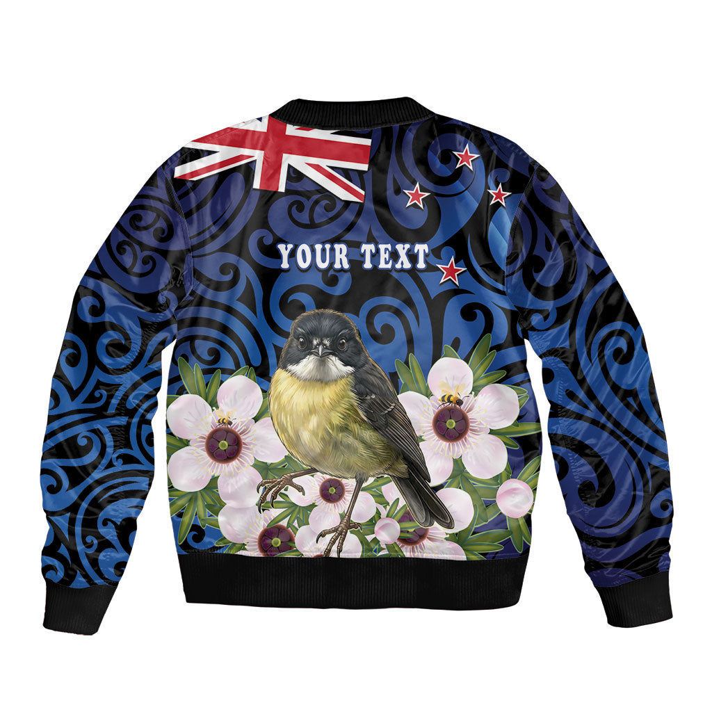 Tomtit New Zealand Personalised Sleeve Zip Bomber Jacket Miromiro Manuka Flower Maori Pattern LT22 - Polynesian Pride