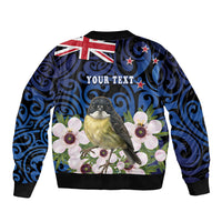 Tomtit New Zealand Personalised Sleeve Zip Bomber Jacket Miromiro Manuka Flower Maori Pattern LT22 - Polynesian Pride
