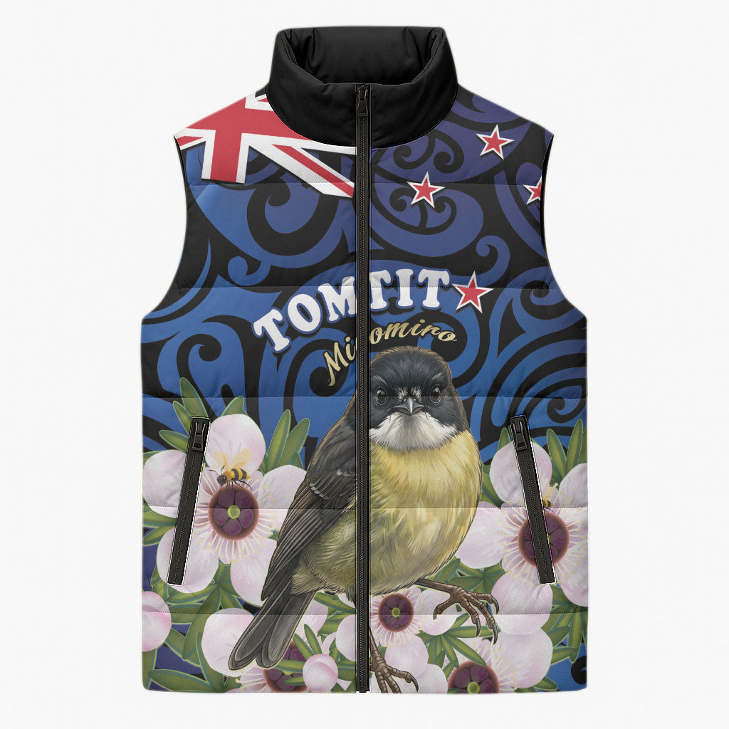 Tomtit New Zealand Personalised Sleeveless Puffer Jacket Miromiro Manuka Flower Maori Pattern