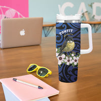 Tomtit New Zealand Personalised Tumbler With Handle Miromiro Manuka Flower Maori Pattern
