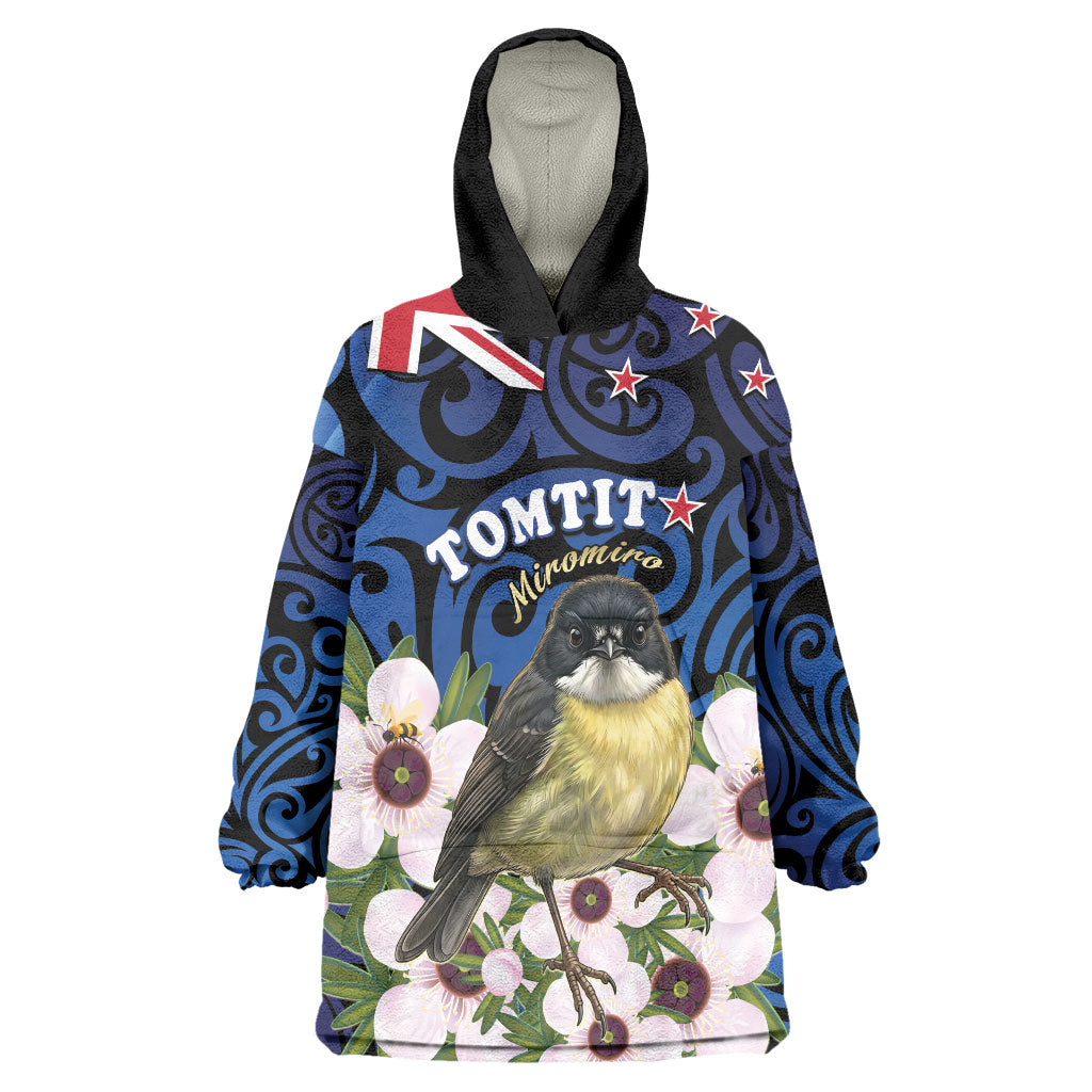 Tomtit New Zealand Personalised Wearable Blanket Hoodie Miromiro Manuka Flower Maori Pattern LT22 One Size Blue - Polynesian Pride