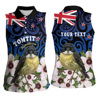 Tomtit New Zealand Personalised Women Sleeveless Polo Shirt Miromiro Manuka Flower Maori Pattern